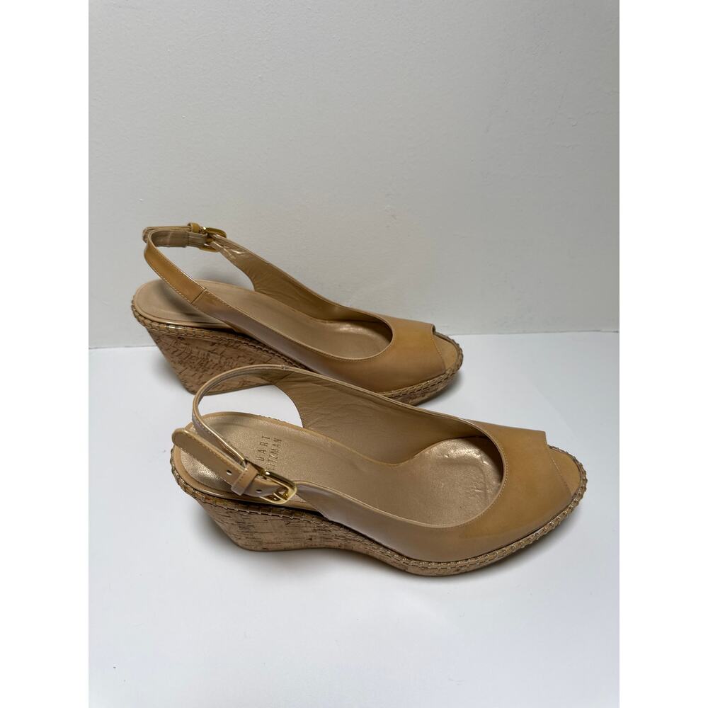 Stuart Weitzman Nude Patent Cork Wedge Sandals Womens 8.5 Wedding Guest Heels - Picture 4 of 6